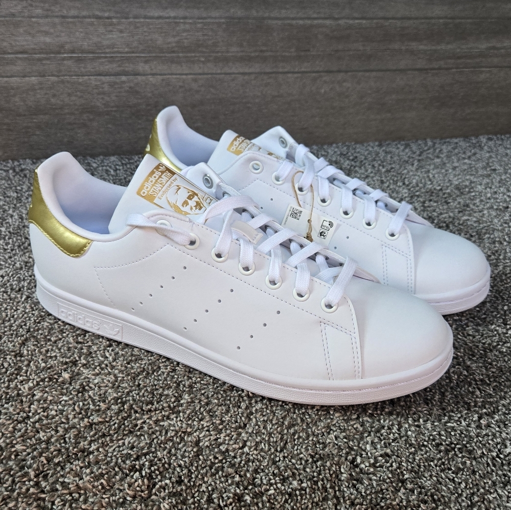 Adidas Women's STAN SMITH SHOES White and Gold Sneakers NEW size 11